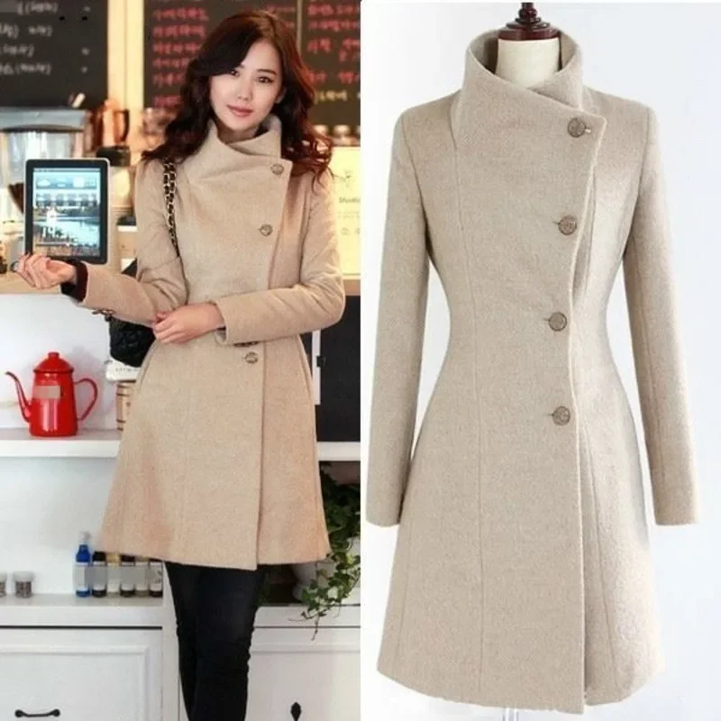 Women 2022 New Fashion Lapel Wool Coat Ladies Autumn Winter Manteau Femme Overcoat Cotton Mixing High Quality Long Slim Coats