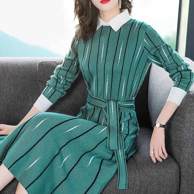 

Women Knitted Dresses Female Fashion Designer Midi Length Vestidos Dress Ladies Long Sleeve Stripe Print Bodycon Dresses G205