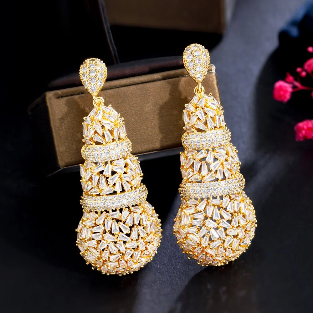 

CWWZircons Shiny Chunky Cubic Zirconia Pave Big Luxury Statement African Dubai Gold Plated Long Wedding Earrings for Women CZ481