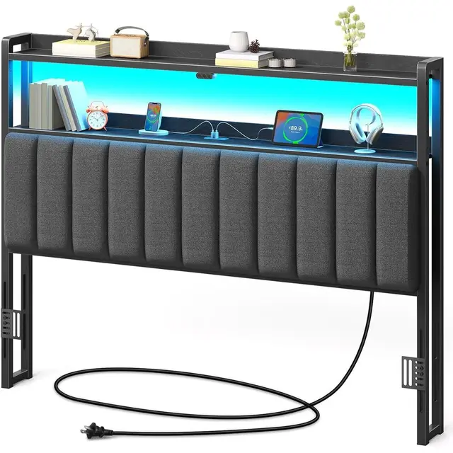 DIY Color LED Light, Board with USB & Type C Port, Height Adjustable, Comfortable Upholstered Headboard, Linen