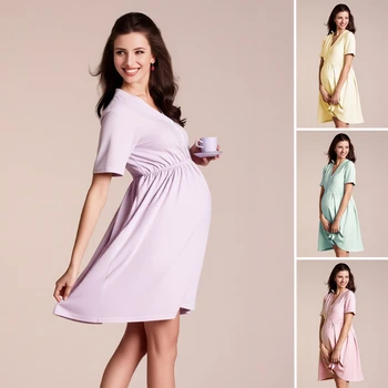European and American Deep V-neck Double Button Nursing Outfit with Detachable Chest Cushion Loose Dress