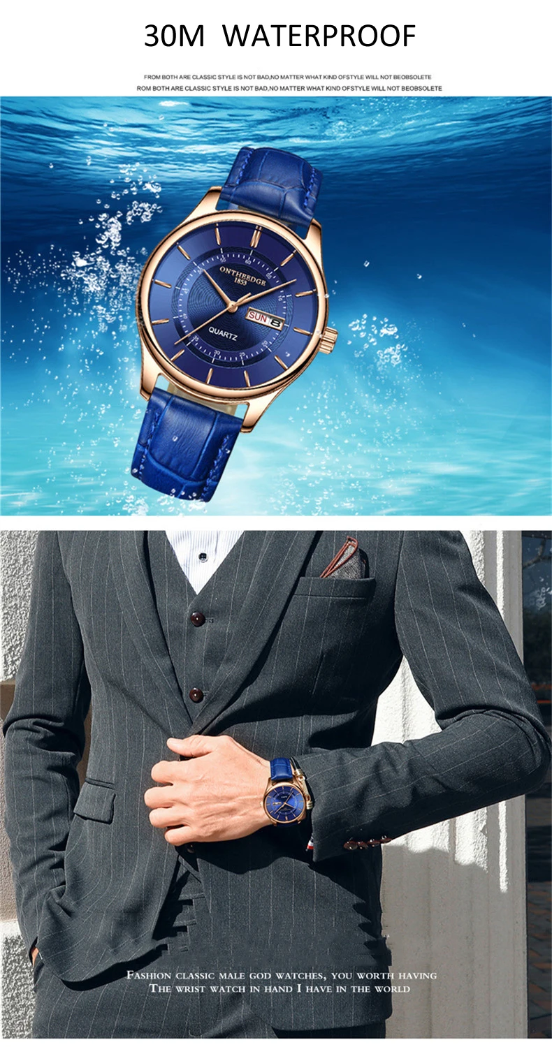 2022 New High Quality Leather Blue Quartz Watch Men Waterproof Watches Business Fashion Auto Date Male Clock Relogio Masculino