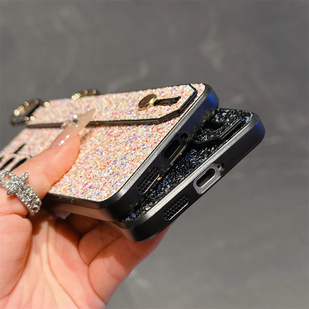 Glitter Diamonds Wrist Strap Case with Bling Ring Holder and Silicone Cover