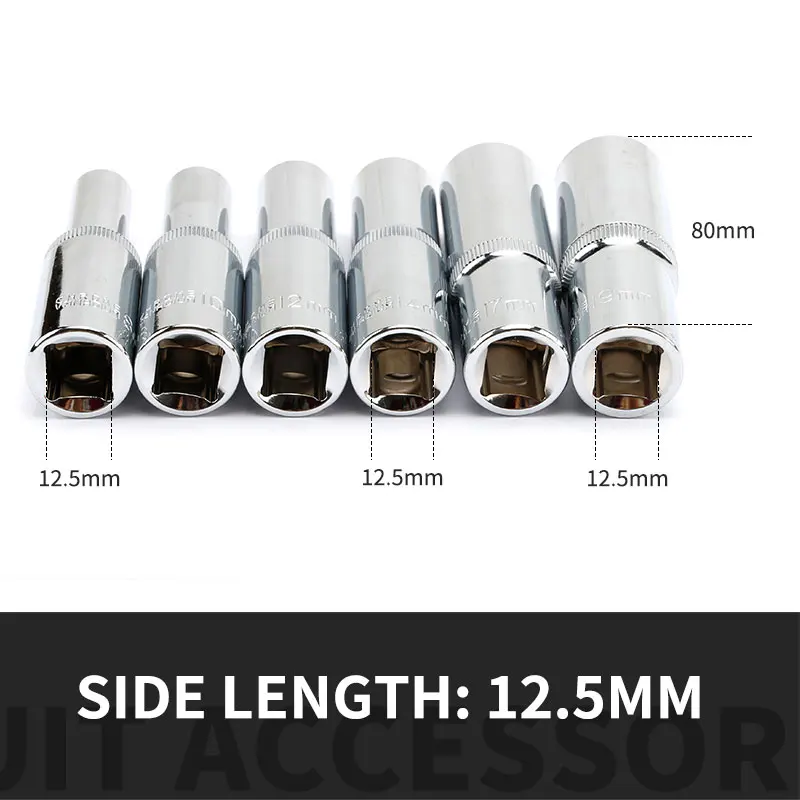6pcs 1/2 Inch Deep Sockets Set 12.5mm Square Hole 78mm Length Auto Repair  Hand Tools 8 10 12 14 17 19mm