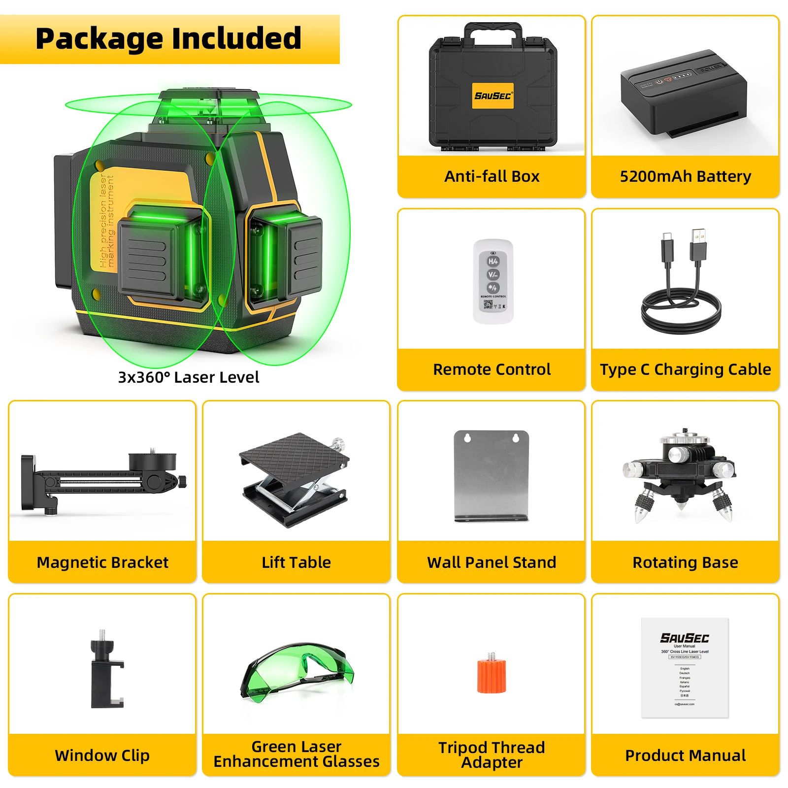 Laser Level 360° Self Leveling  3D 12 Lines Green Laser Cross Line with Remote C