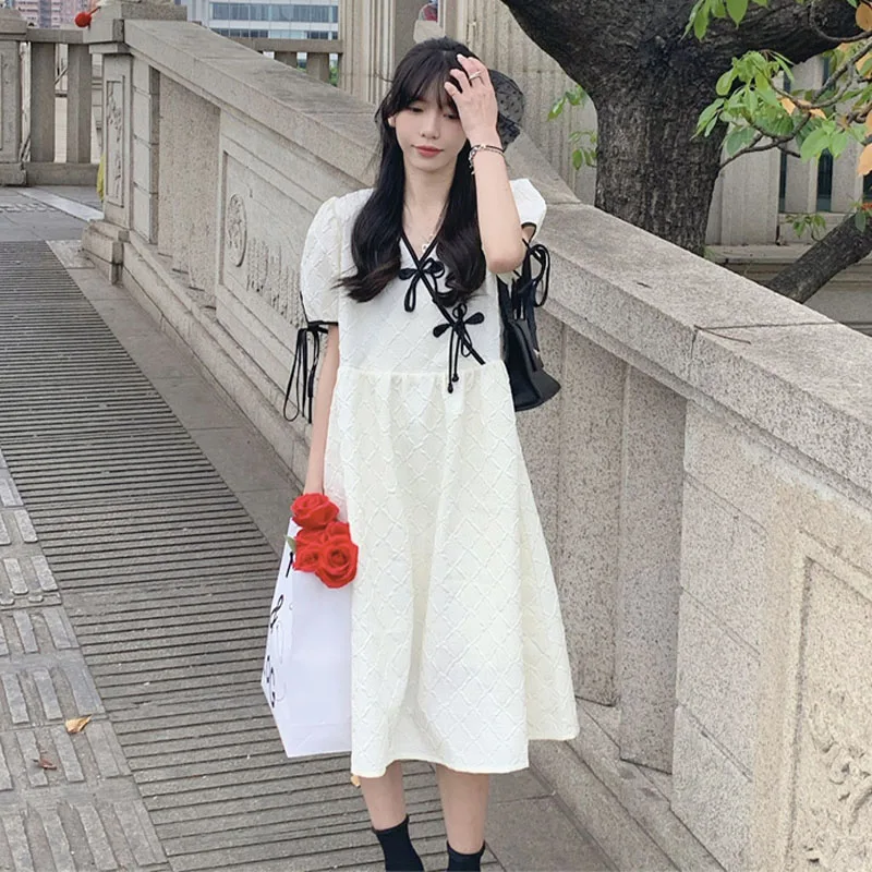 

2023 New Summer V-neck Bubble Sleeve Waist Slim Dress Free Shipping