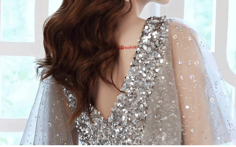 Elegant V-neck Evening Dresses 2021 A-line Floor-length Silver Gray Long Women Formal Gowns evening gowns
