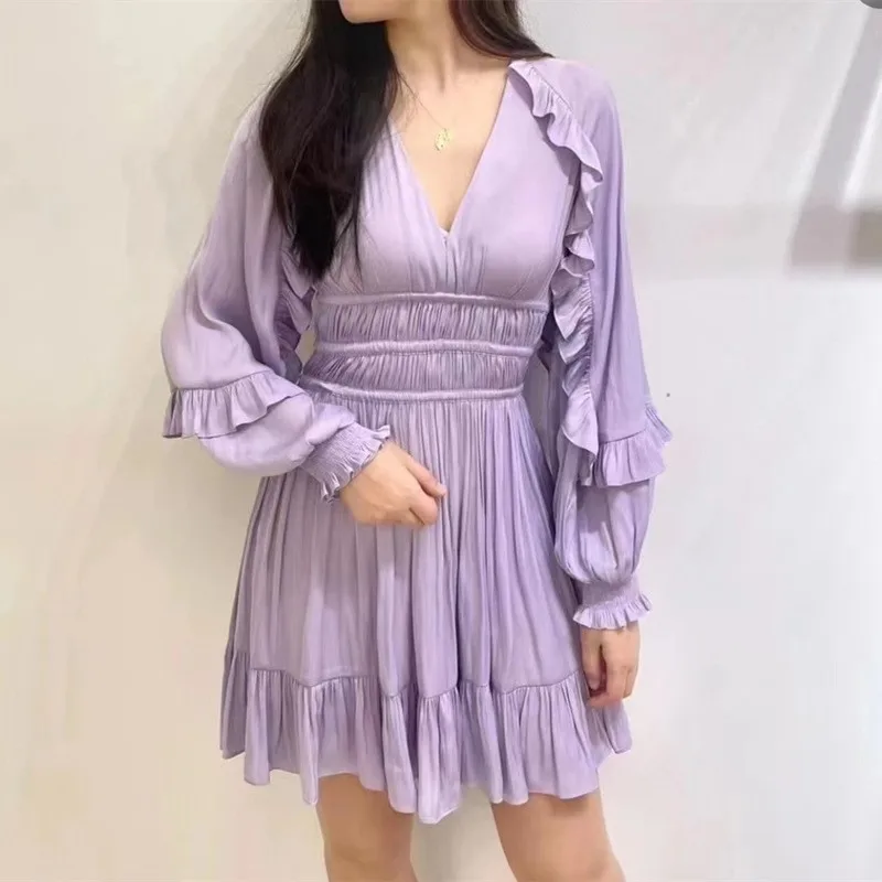 

Spring and Summer New Ladies Romantic Ruffled Purple Short Dress Sweet Women Lantern Sleeves High Waist Slim Mini Robe