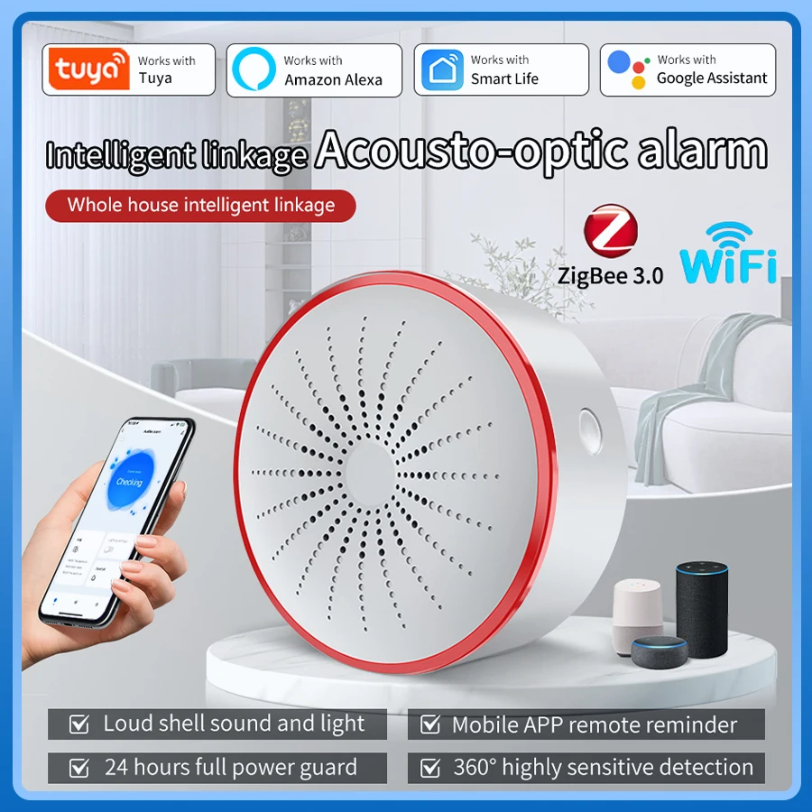 Tuya WiFi ZigBee ไซเรนปลุกเครื่องตรวจจับเสียงและนาฬิกาปลุก Home Security ระบบ Smart Life APP Alexa Google Assistant 1