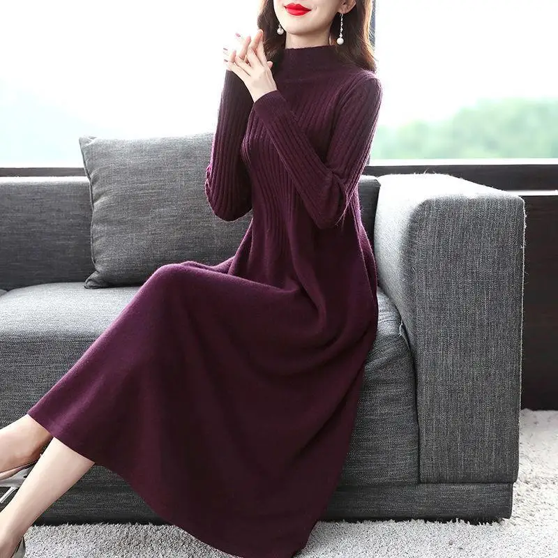 

Woman Casual Turtleneck Knit Maxi Dress Female Elegant Ribbed Long Sleeve Bodycon Ladies Fashion Streetwear es G856