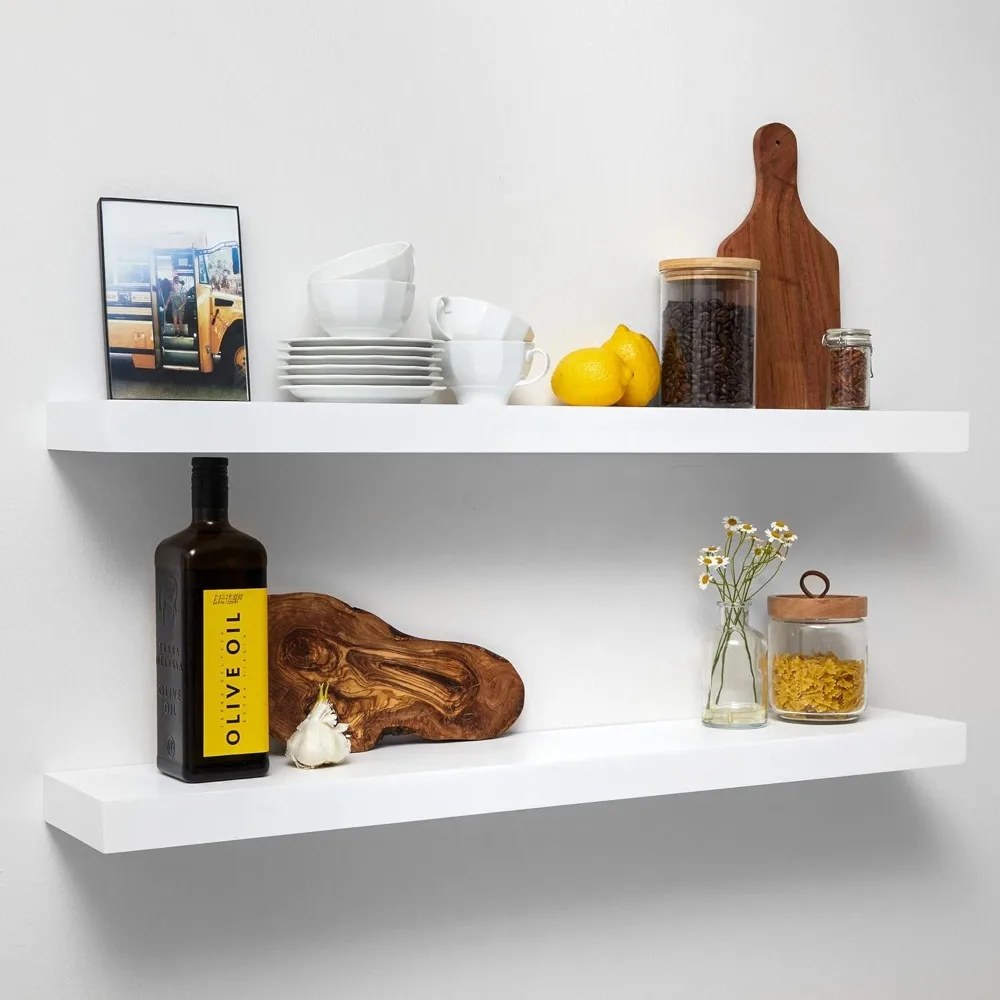 Floating Shelves 36 Inches Long, Premium Solid Wood, Long White Floating Shelves for Living Room, Heavy Duty Bracket