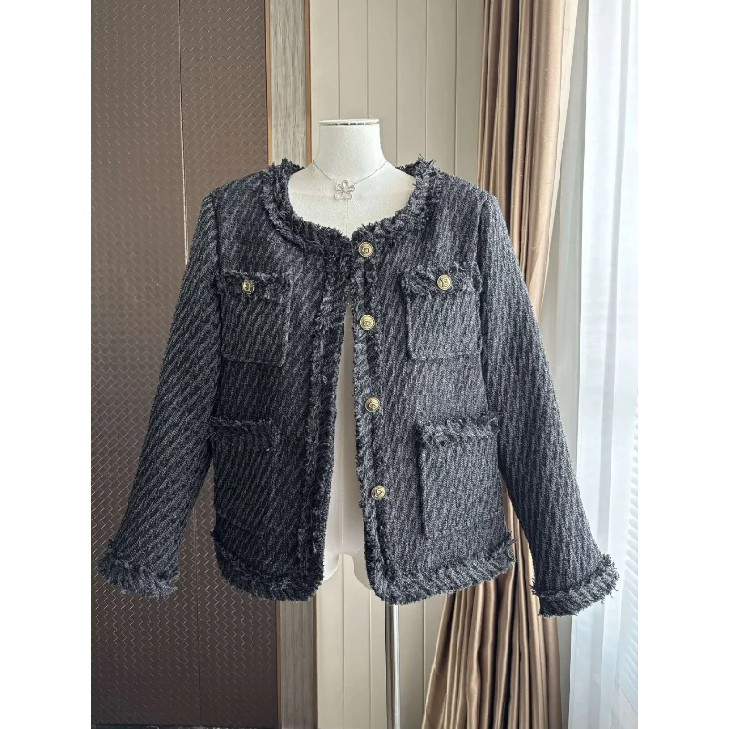 White Small Fragrant Quilted Coat Autumn Winter O Neck Tassel Casual Gray Black Long-sleeved Simple Basic French Women Jacket