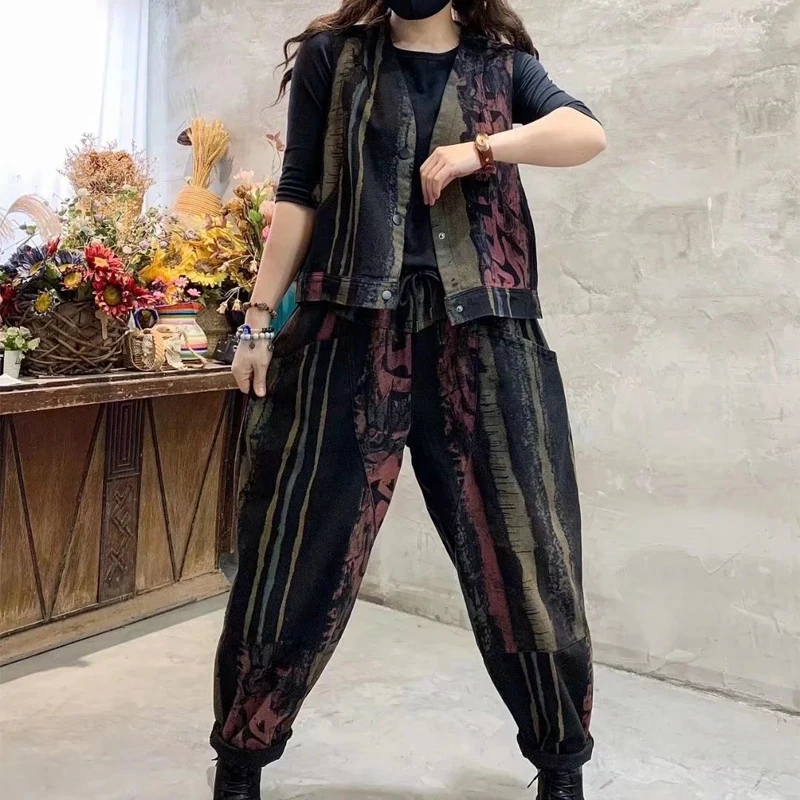 women's skirt suit sets Max LuLu Womens Striped Design Loose Two Pieces Sets 2022 Spring British Style V-Neck Casual Vest Vintage Denim Tops Black Jeans red pant suit