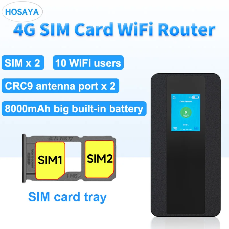 Roteador Wifi Portátil com Dual Sim Cards Display Lcd Colorido Lte Modem Bolso Hotspot 10 Usuários Wi-fi 8000mah Bateria 4g Cartão Sim