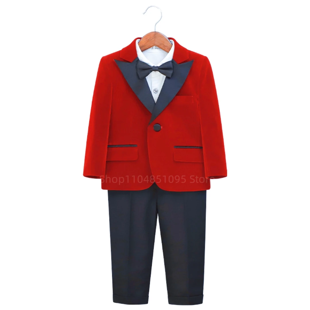 Purple/Red Velvet Boy's Suit Set Children Prom Formal Blazer Black Pants 2 Pieces Wedding Flower Kid Slim Fit Tuxedo Outfits