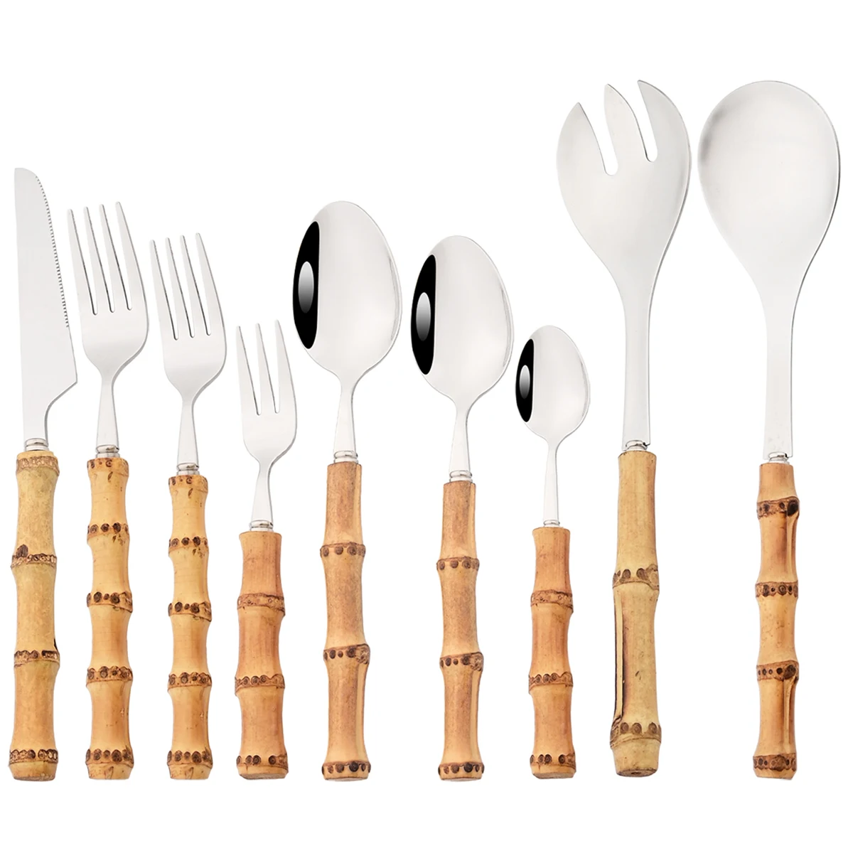 1Pc Wood Bamboo Root Handle Cutlery 304 Stainless Steel Dinnerware Serving Fork Spoon Salad Fork Spoon Coffee Tableware