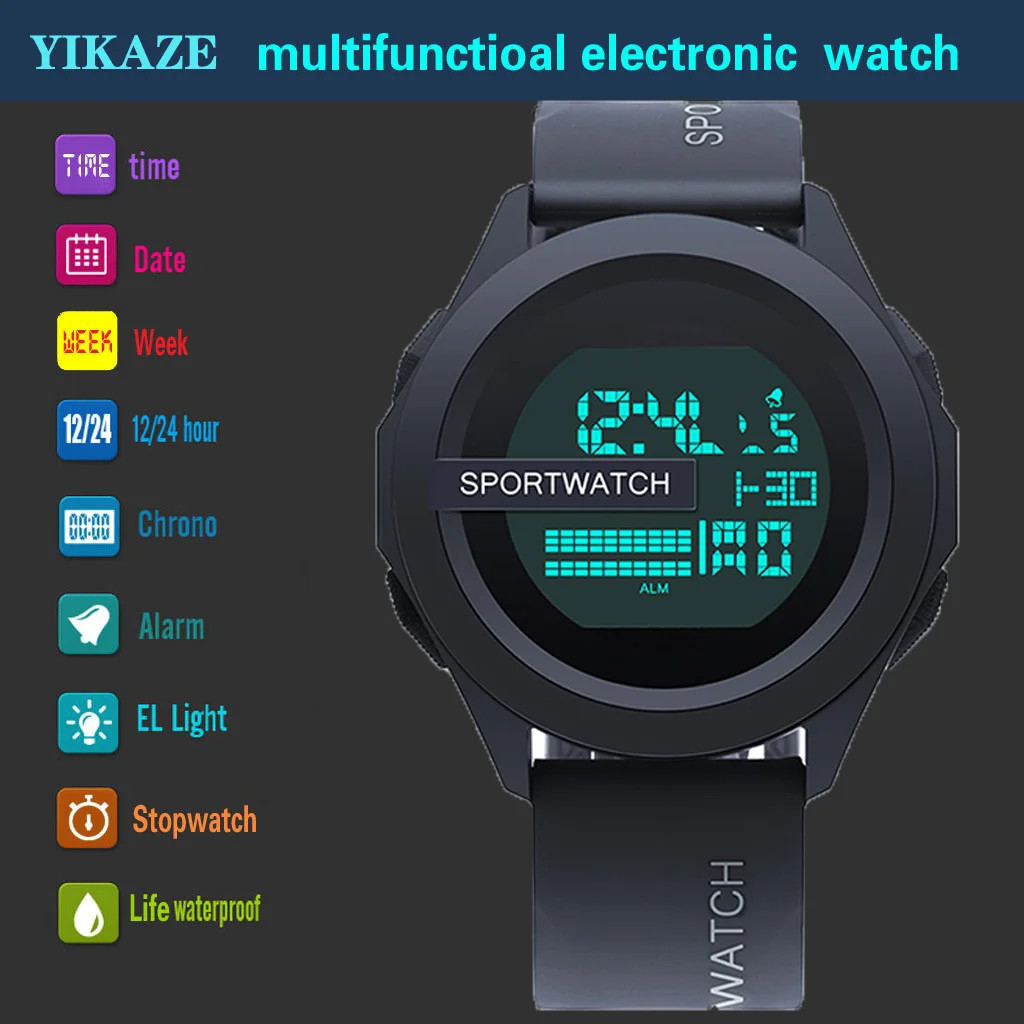 YIKAZE LED Digital Watches for Man Stopwatch Date Week Waterproof Men's Sports Watch Multifunction Fitness Electronic Watch