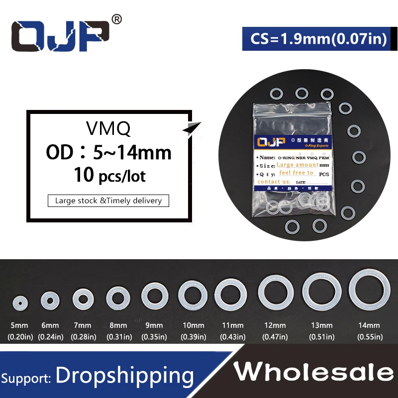 10 Stks/partij Ring Siliconen Oring 1.9Mm Dikte Od5/5.5/6/6.5/7/7.5/8/8.5/9/9.5/10/10.5/11/11.5/12/12.5/13/14Mm Afdichtingsrubber.-.