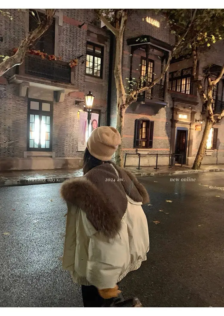 YYAHAHAS 2025 Winter New Cow Horn Button Thick Cotton Coat Retro American Warm Fur Collar Hooded Jacket Female Clothing