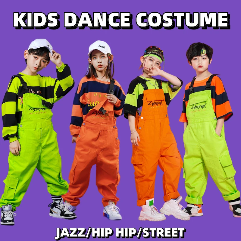 

Boys Jazz Dance Wear Girls Cool Hip Hop Dance Costumes Outfit Kids Fluorescent Green Top Overalls Children'S Kpop Clothes