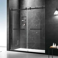 Double Sliding Shower Door, Clear Tempered Glass, 18 inch Pull Handle, Stainless Steel Hardware, Matte Black Finished 1