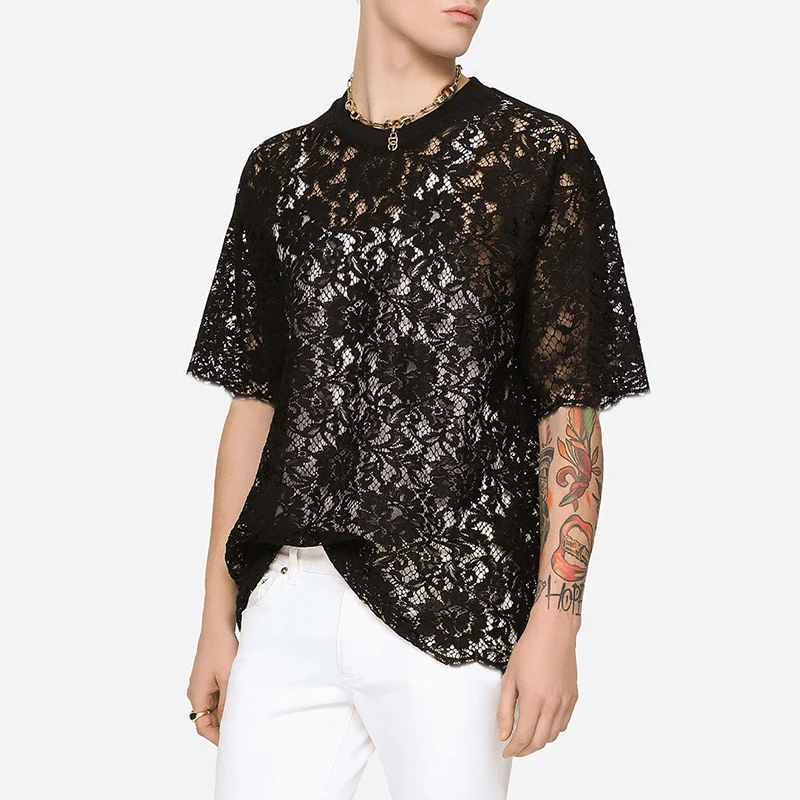 

Men's Lace T-shirt Clubwear Hollow Out Lace Perspective Top Man Casual O-neck Tee Shirts LGBT Sexy Nightclub Sexy Shirt Boys