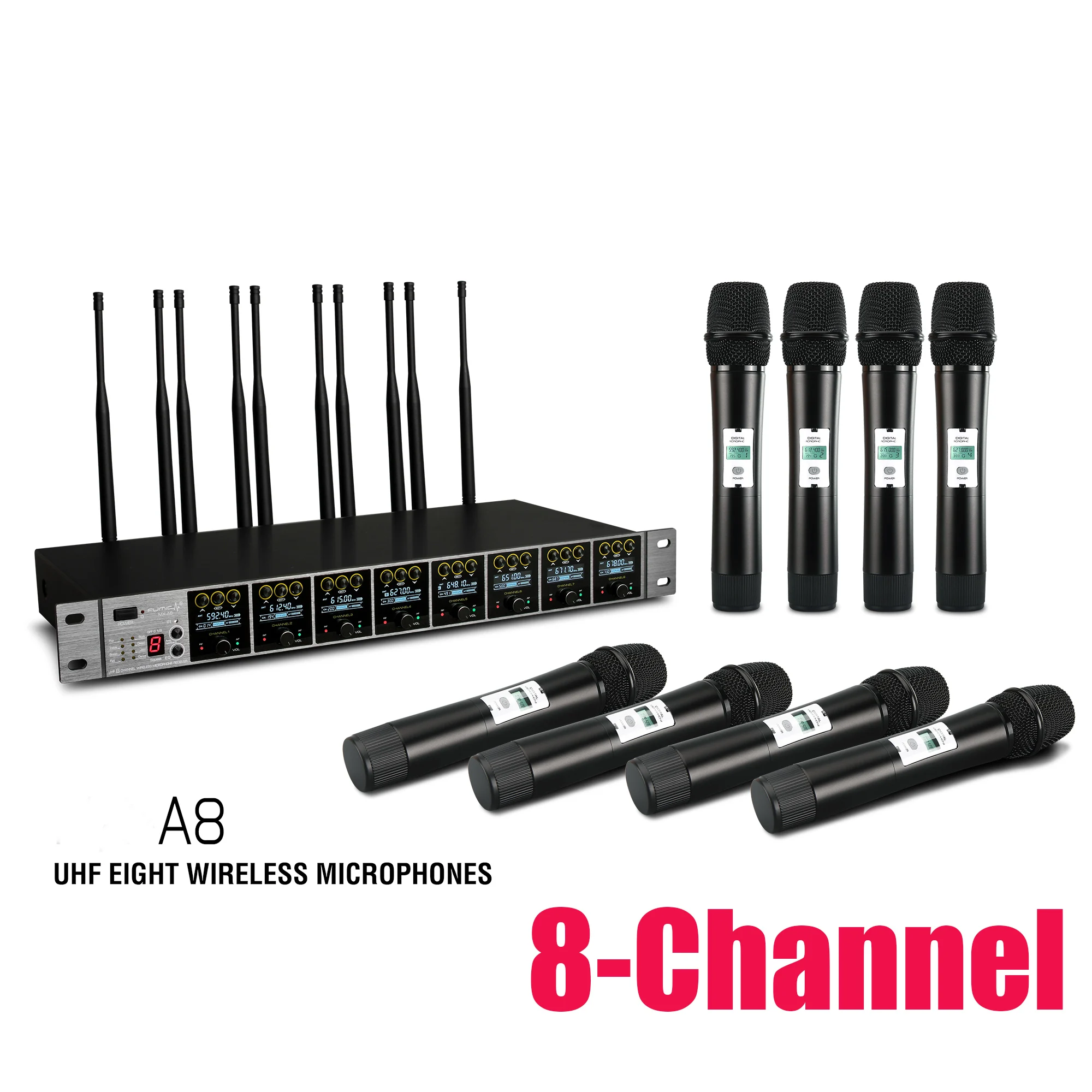 Leicozic 8 채널 디지털 무선 마이크, 전문 UHF 마이크, 라펠 마이크 헤드셋, 핸드 마이크, 1000 주파수