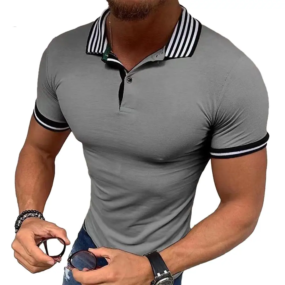 

Men T Shirt T Shirt Lapel Men Regular Short Sleeve Stripwd T Shirt Tee Top Button Affordable Brand New Fashion