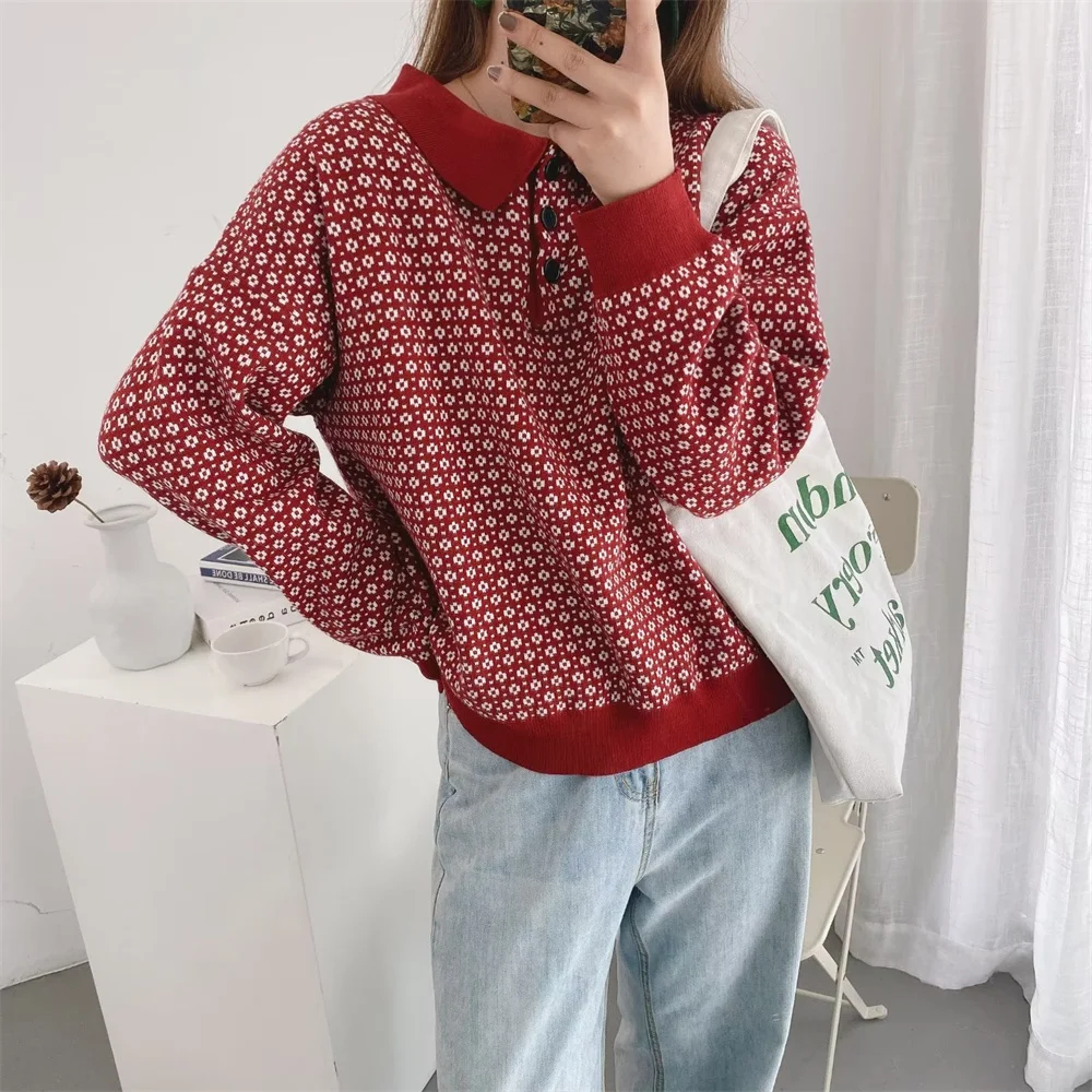 

POLO collar lazy style lapel sweater spring and autumn new contrast color age-reducing flower pullover sweater for women