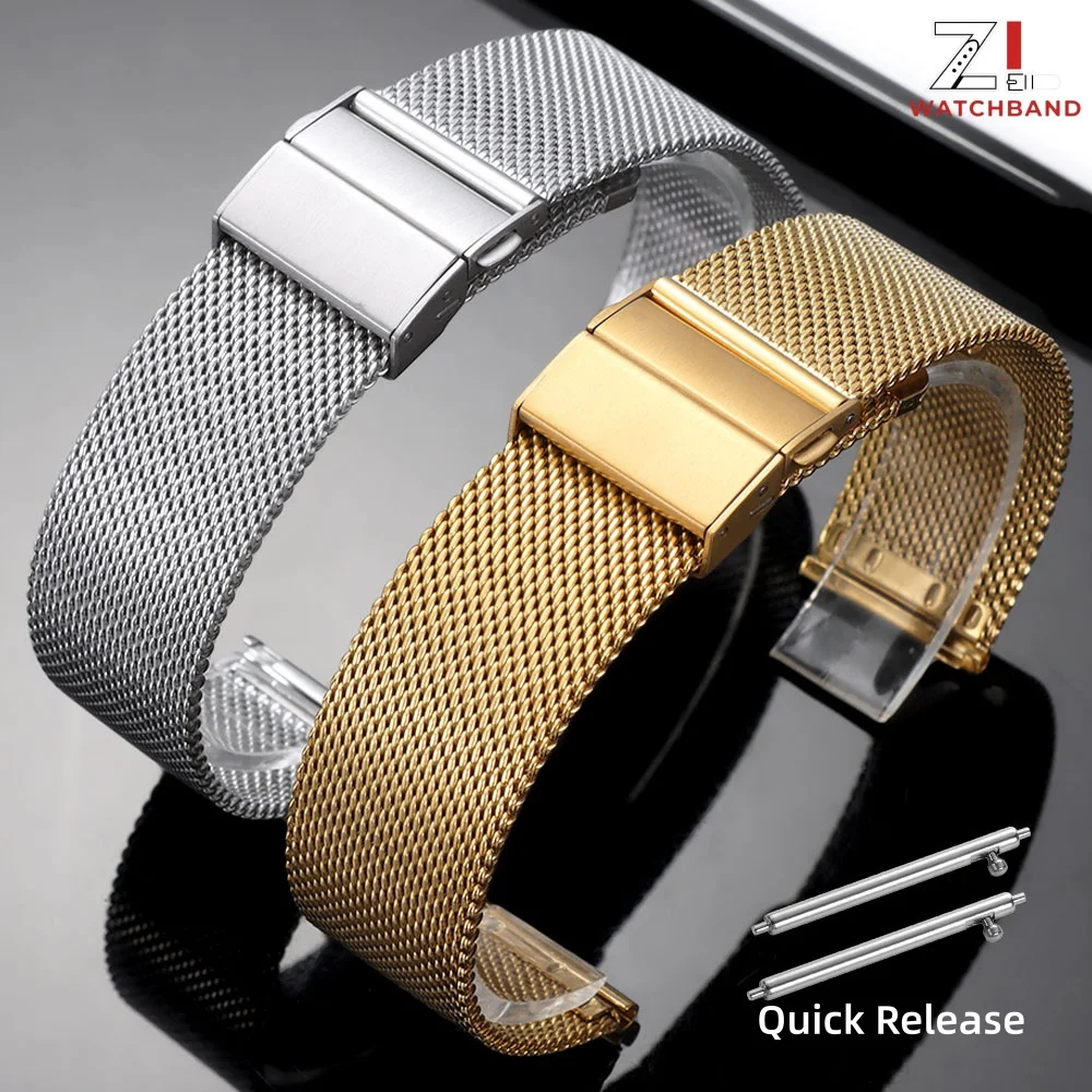 Sleek Black Milanese Stainless Steel Quick Release Watch Band