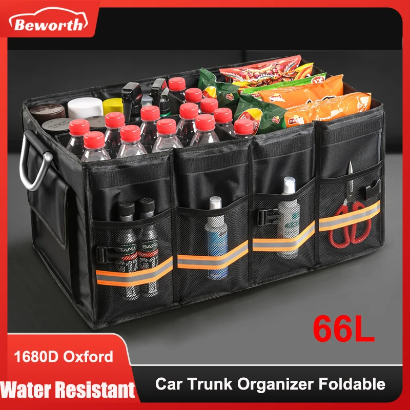 

66L Car Trunk Storage Box Organizer Foldable Cover Reflective Strip Durable Sturdy Thickened Plate Collapsible High-capacity