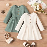 PatPat Baby Girl Button Front Solid Rib Knit Long-sleeve Dress Soft and Comfortable  Perfect for Outings Daily Wear Basic Style 1