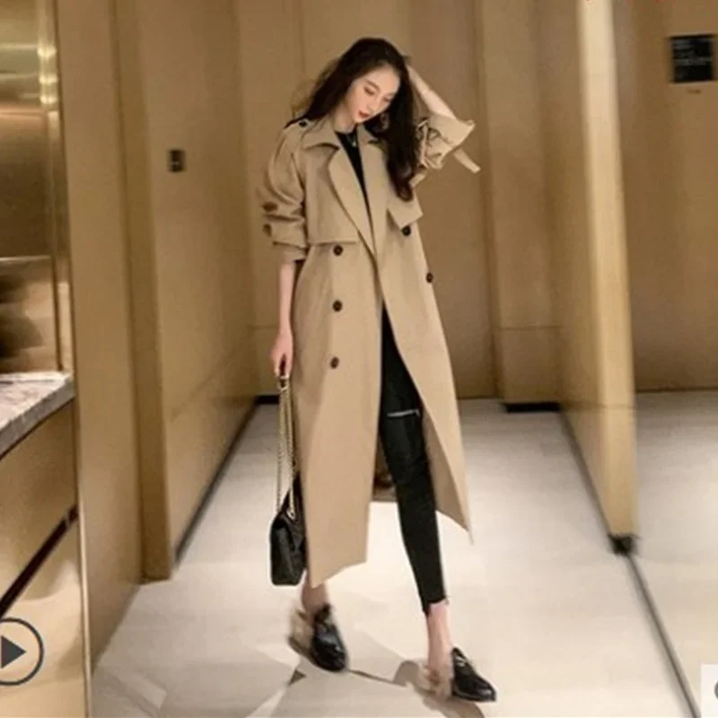 Khaki Fashion Trench Office Lady England Style Knee-Length Loose Casual Commute Coat with Belt Autumn Lapel Single Breasted Coat