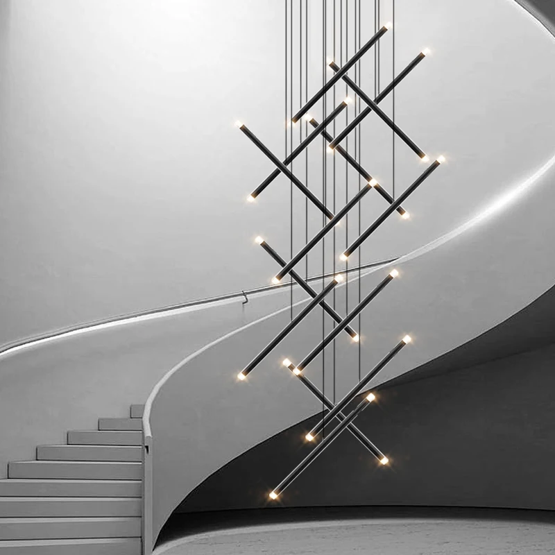 

Modern Black Staircase Chandeliers Stair Living Room LED Ceiling Pendant Lamp Duplex Building Villa Attic Lustres Hanging Light
