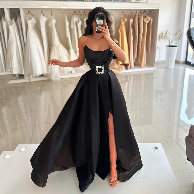 

Thinyfull Black A-Line Prom Dresses Sexy One Shoulder Beadings Evening Dress Saudi Arabia Cocktail Party Night Gowns Custom Size