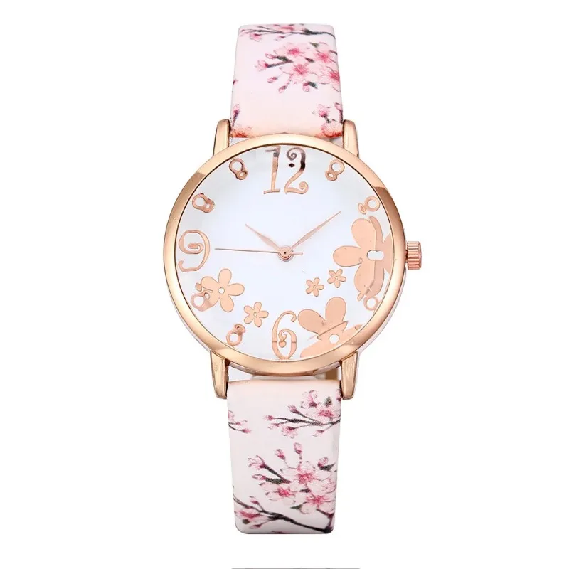 Fashion Trend Embossed Flowers Printed Dial Leather Belt Watch for Women Colorful Flowers Printed Belt Quartz Exquisite Watch