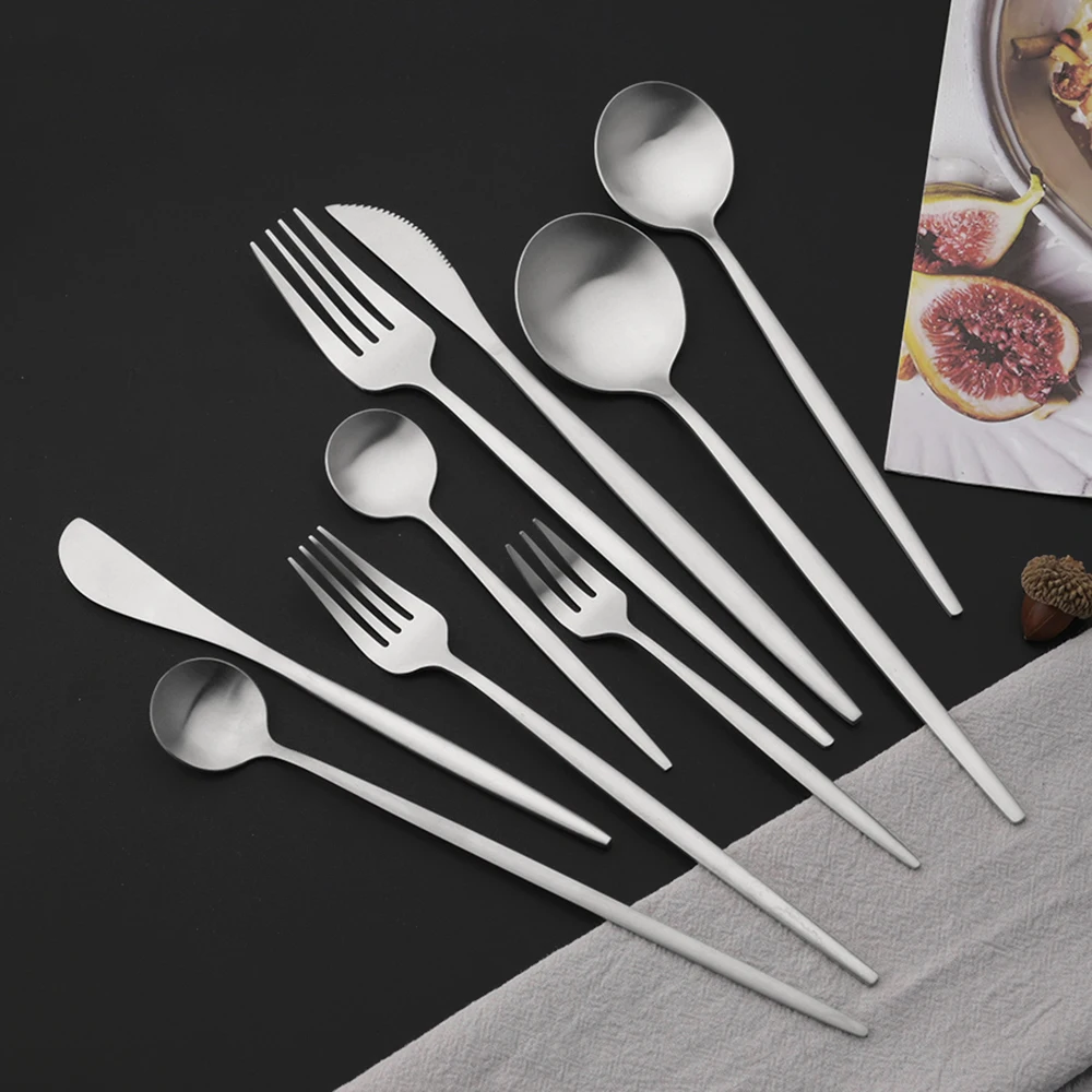 Description Picture 2 of item6Pcs Silver Tableware Set Knife Fork Long Handle Spoon Dinnerware Dessert Flatware Matte Cutlery Stainless Steel Silverware