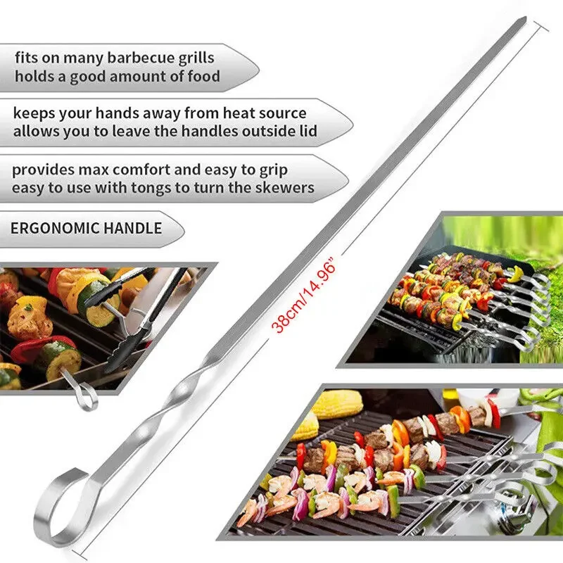 12Pcs Metal Barbecue Skewer Flat Sticks Outdoor Camping Picnic Meat Vegetable Grill BBQ Skewers Sticks Kitchen Accessories