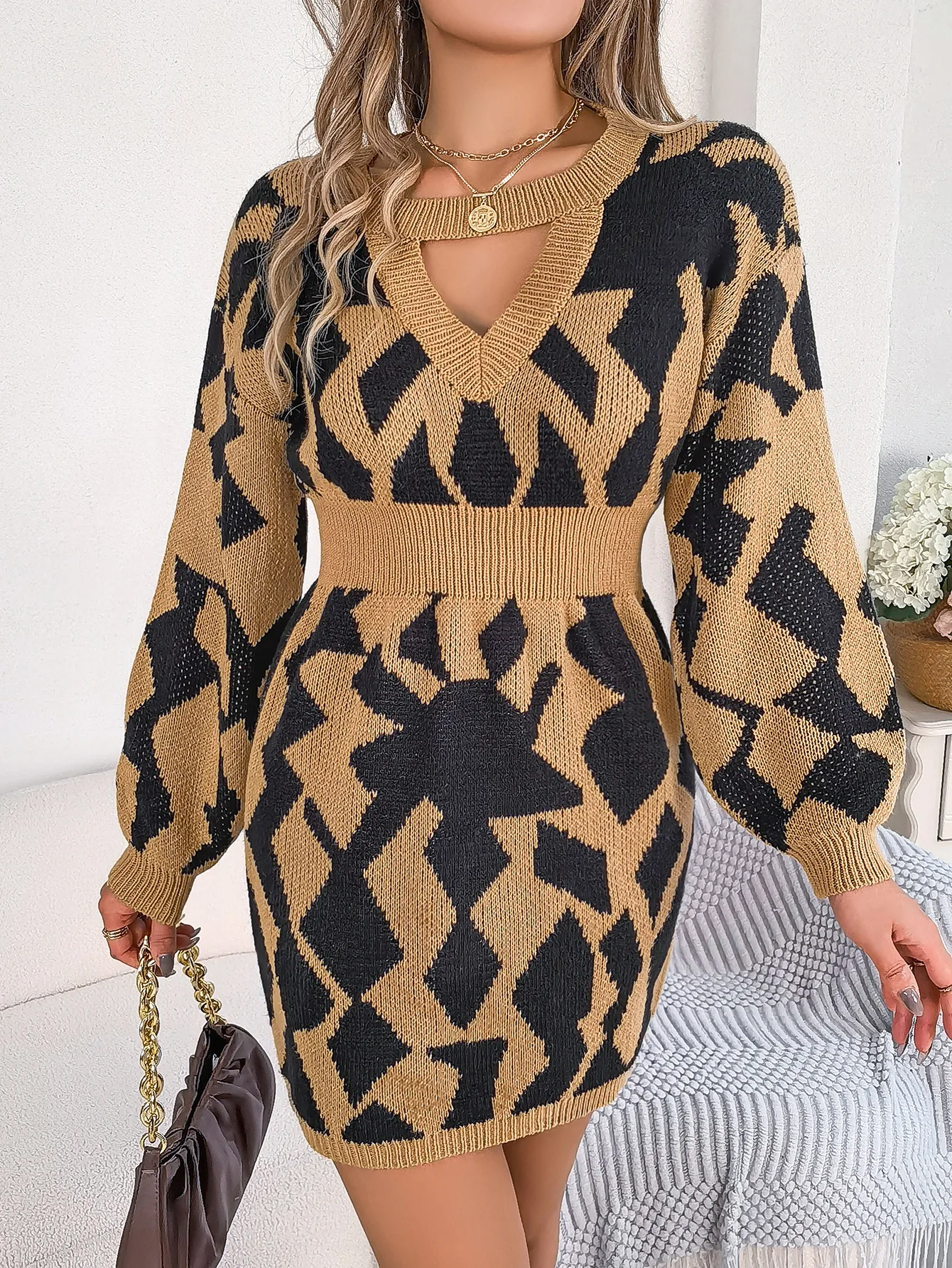 Winter Latte Knit Color Block Mock Neckline Sweater Mini Dress main image 0