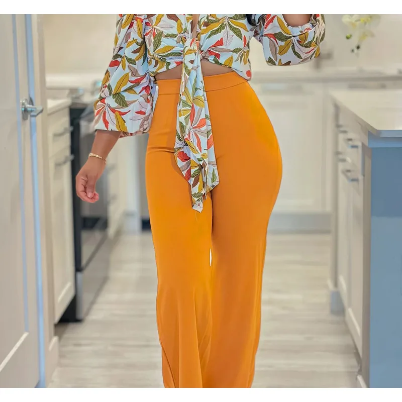 Fashion New Women's Spring and Autumn Suit Printed Lapel Long-sleeved Shirt Top Wide-leg Trousers Slim Trousers Two-piece Set