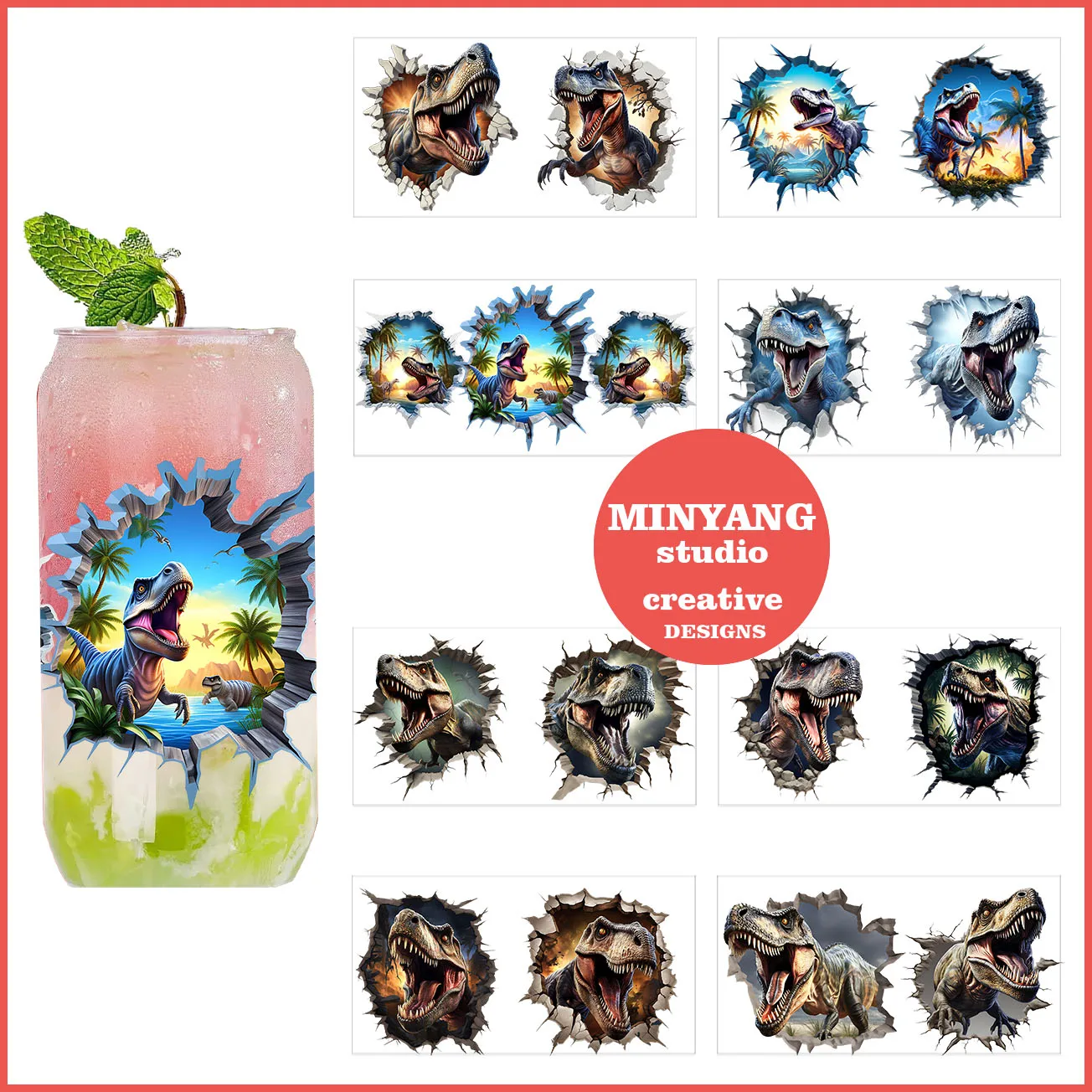 3D Dinosaur Stickers peel waterproof DIY Decals 3D transfers uvdtf crystal stickers 16oz uv dtf cup wraps for Libbey Glasses