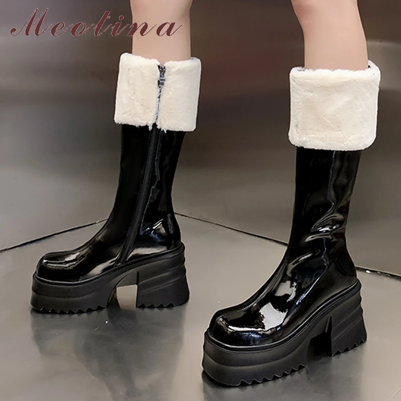 

Meotina Women Genuine Leather Mid Calf Boots Square Toe Platform Block High Heel Zipper Ladies Short Boot Autumn Winter Shoes