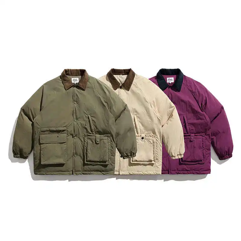 Japanese Retro Lapel Large Pocket Cotton Jacket Autumn and Winter Thick Men's and Women's Loose Corduroy Splicing Warm Parkas