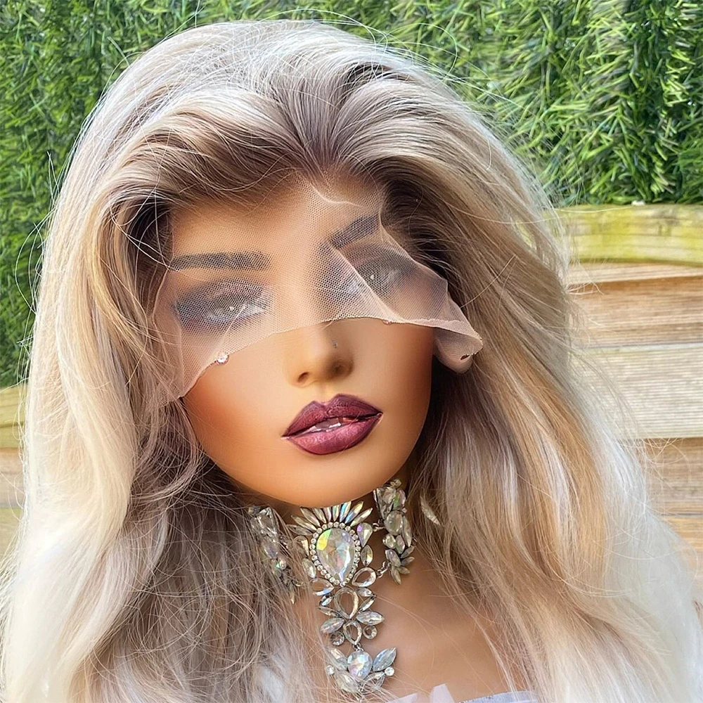 Thick Long Ombr&eacute; Lace Front Wig Icy White Blonde with Ash Brown Roots Synthetic Hair Heat Resistant 28" Women Wavy Daily Use lace frontal wig synthetic blend wigs