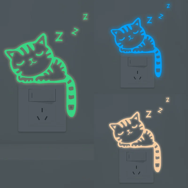 Glow in The Dark Cat Wall Stickers Cute Cartoon Light Switch Decals for Kids Bedroom Living Room