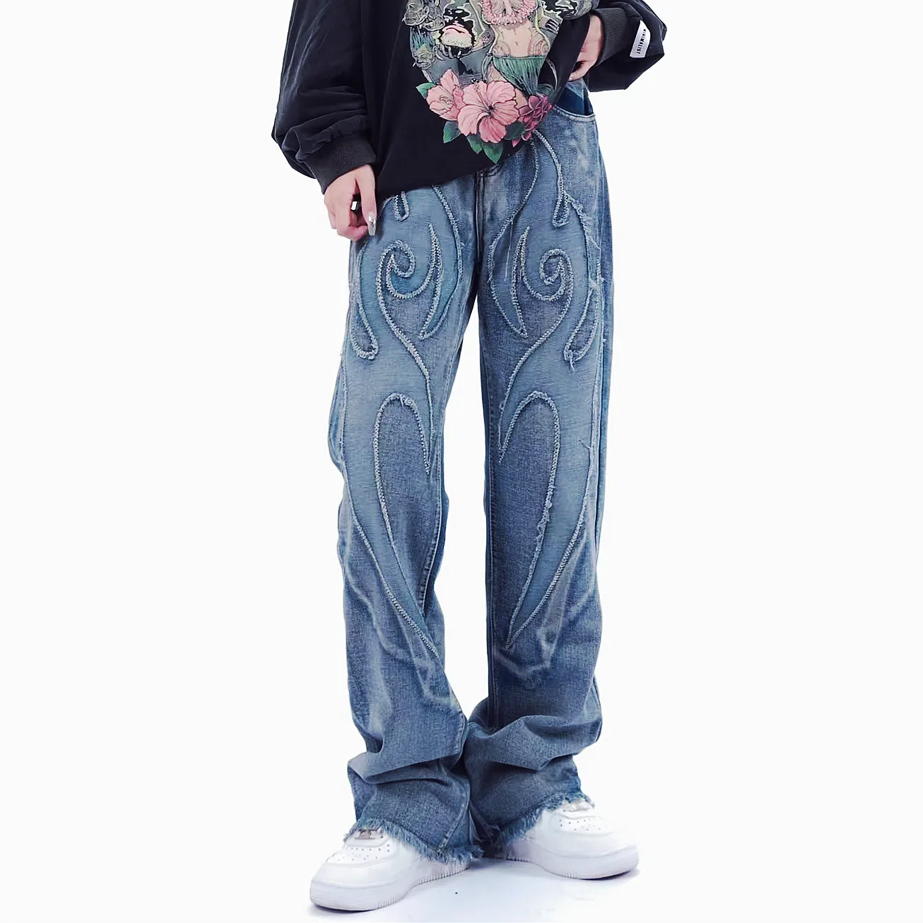 2026 Cyber Y2K Patch Stickerei Vintage Graue Baggy Jeans für Herren – Gerade geschnittene Hip-Hop-Denim-Hose für Damen und Herren – Ropa Hombre – Detail 4