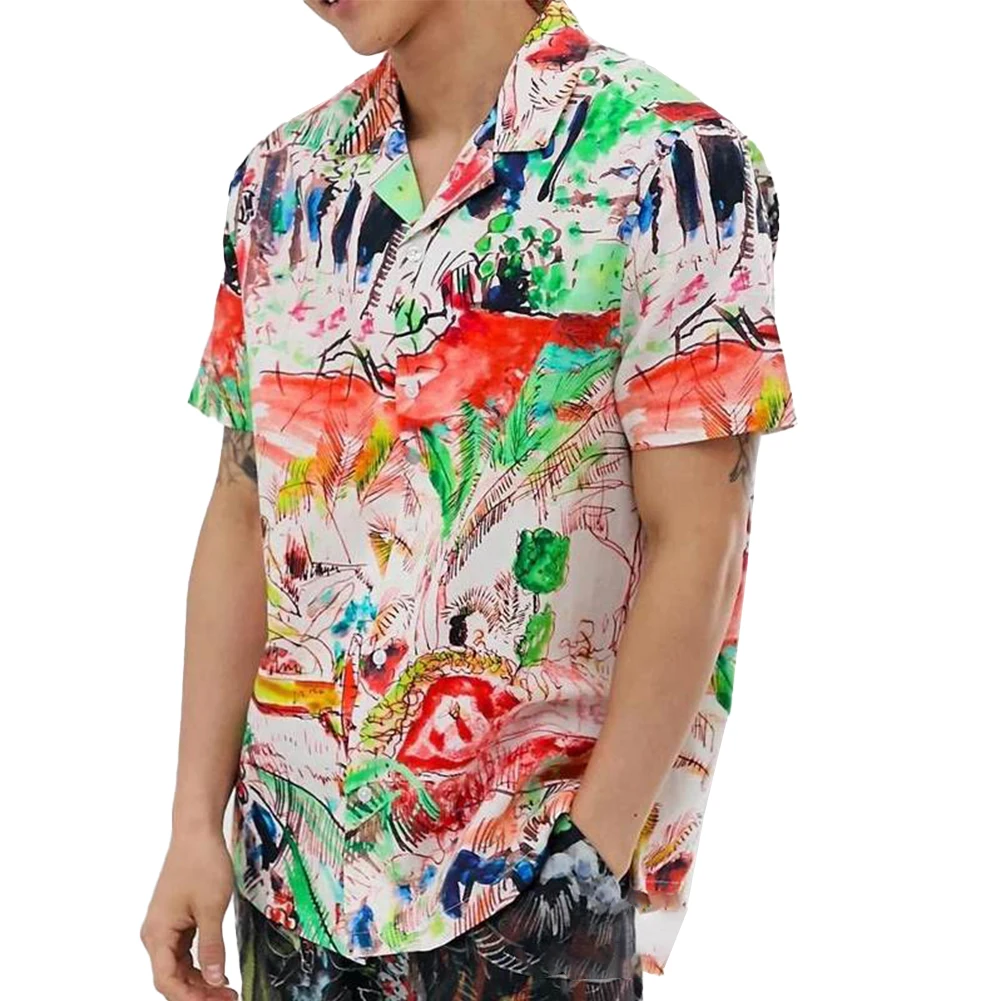 

Прочная Повседневная Праздничная футболка, гавайская рубашка с отложным воротником из полиэстера, с принтом, обычная летняя искусственная футболка с коротким рукавом