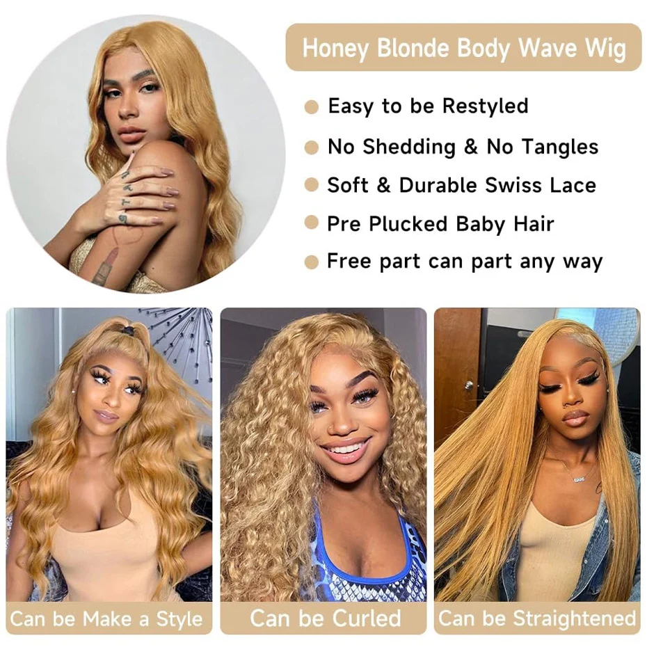 Honey Blonde Body Wave Lace Front Wig Human Hair #27 Colored Human Hair Wig PrePlucked 13x6 HD Lace Frontal Wigs For Black Women 4