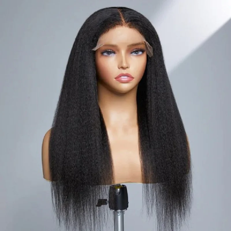 

180Density 26 inch Long Yaki Black Glueless Kinky Straight Lace Front Wig For Black Women BabyHair Preplucked Daily Middle Part