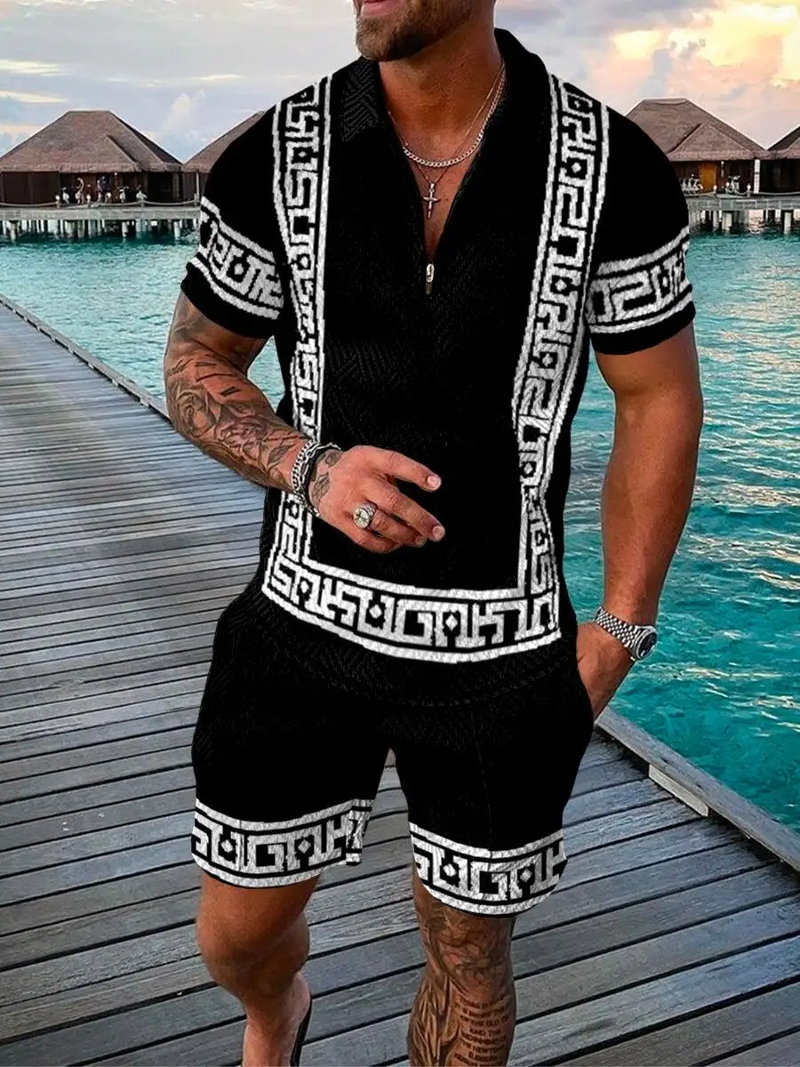 

Luxury Men’s Polo Suit Summer Casual Tracksuit High Qality Fashion Outfits Man Stripe Print Clothing 2Pieces Sets